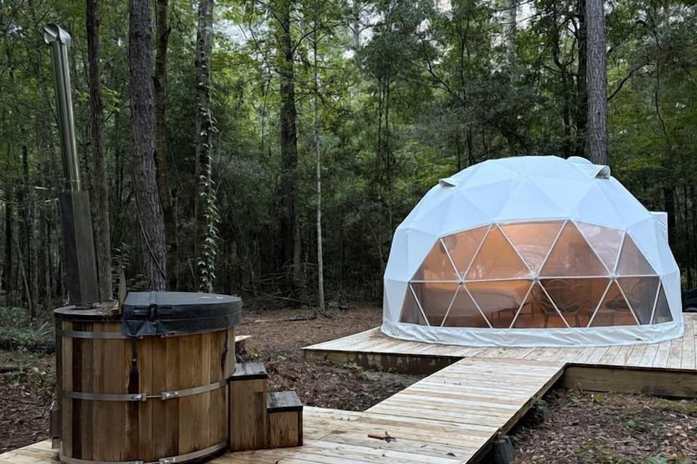 Ruffin RV Rental | Dome Tent Retreat with Private Wood-Fired Hot Tub in Branchville, South Carolina