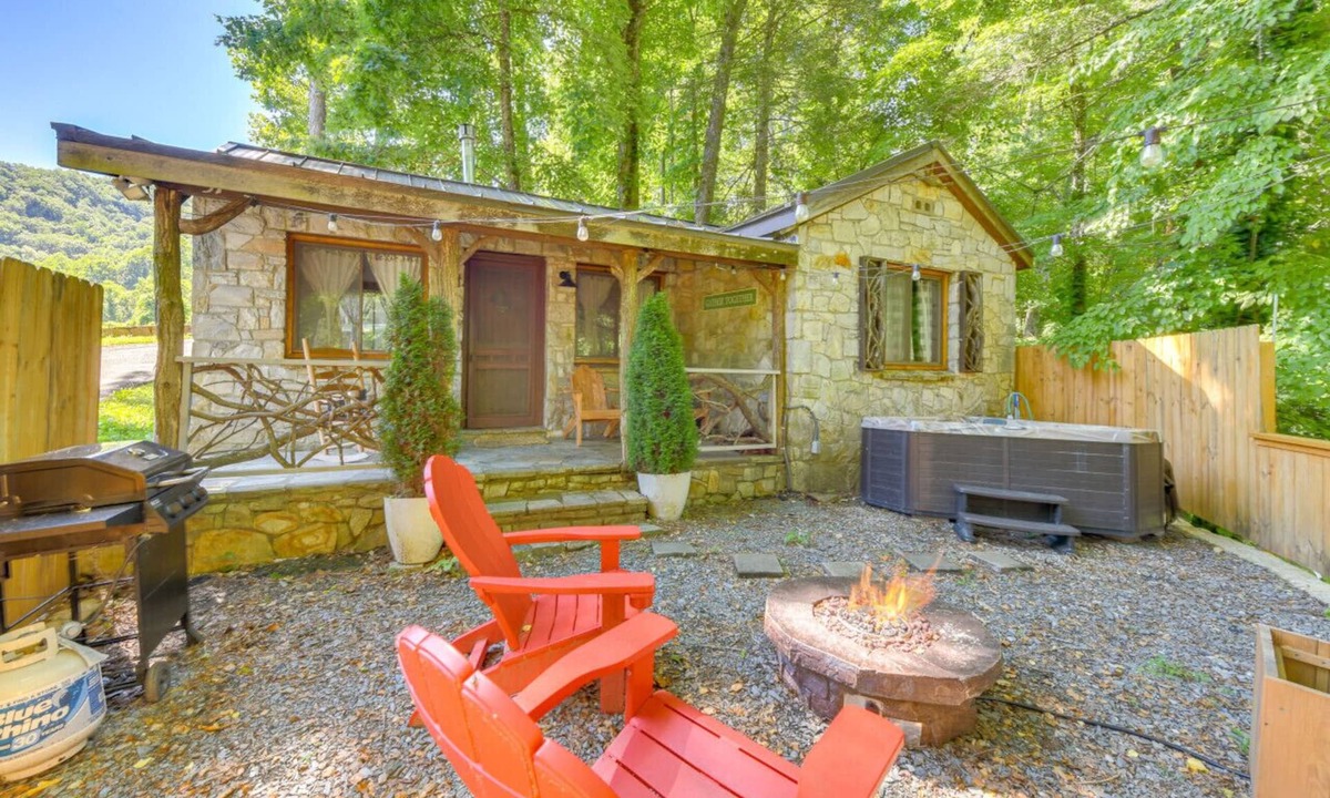 Bryson City Cabin | Village 37 Stone Cabin with Private Hot Tub