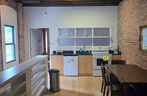 Monroe Ward Apartment | Large 1-bedroom apt with tall ceilings, brick walls, large tv, modern bathroom