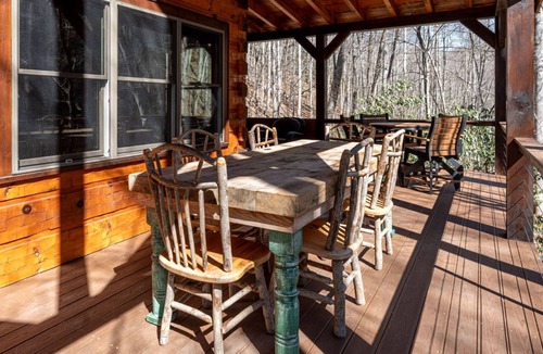 Topton Cabin | River Lodge-Pet Friendly, Luxury Log Cabin Rental, 3 Bedrooms, 5 Fireplaces, Hot Tub, 2 Decks with Outdoor Entertaining Areas on Creek in Western NC